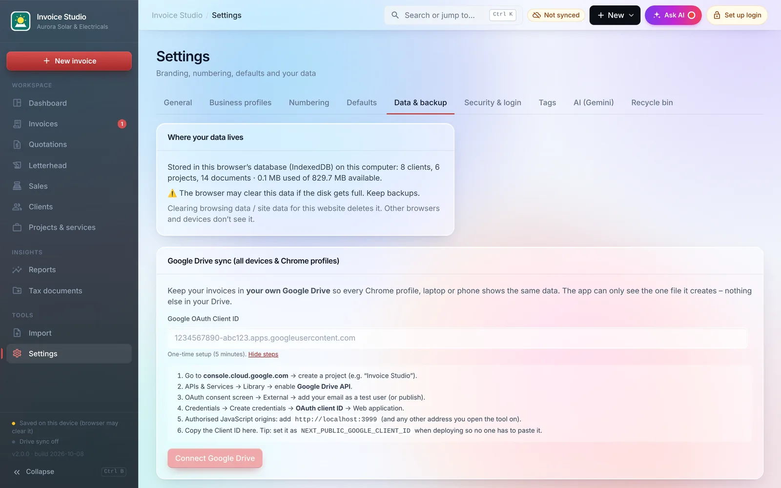 Google Drive sync settings